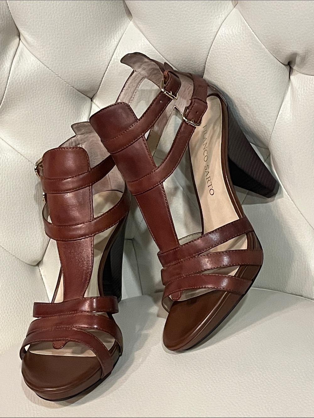 Franco Sarto Chestnut Brown Strappy Block Heel Sandals
